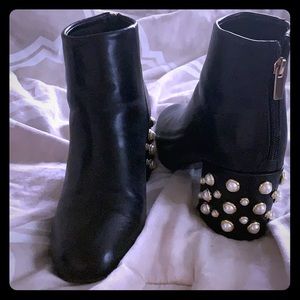 Block heel boots with pearl and gold embellishment